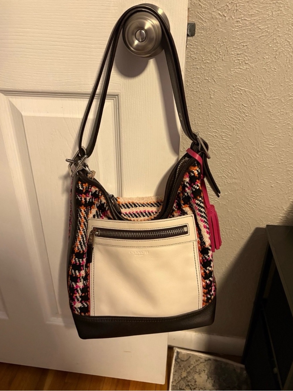 Coach Multicolor Woven Hobo with Cream Front and Pink Tassel